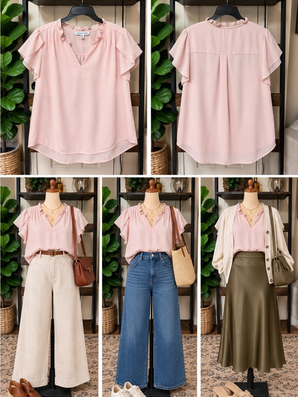 41 Hawthorn Blush Pink Ruffled V-Neck Flutter Sleeve Blouse